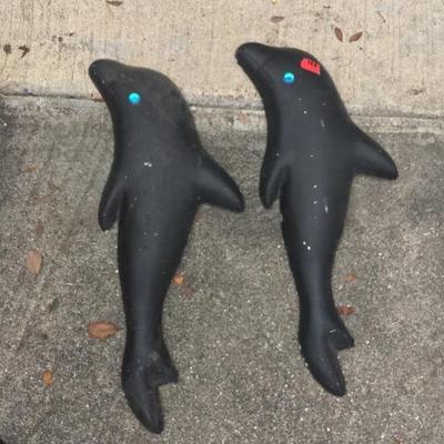  2 Outside Wall Hanging Plaster Dolphins with plastic gem stone eyes