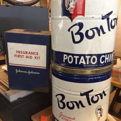 Vintage Potato Chip Tins & Metal First Aid Kit