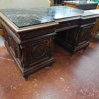 Antique Rococo Marble Top Partners Desk