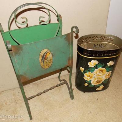 Vintage painted metal magazine rack and waste can