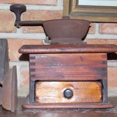 Vintage coffee grinder, sad irons