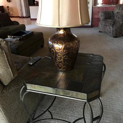 Pair of slate and wrought iron end tables. Lamps available separately.