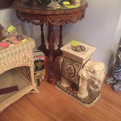 Antique Wood Table, Decorative Floor Elephant, Wicker end table 
