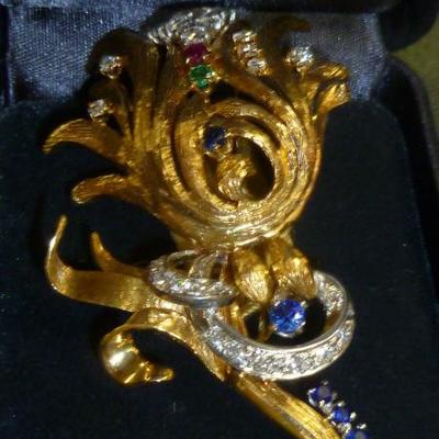 18K ruby diamond and sapphire brooch.  Gorgeous