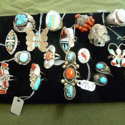 collection of Native American rings in turquoise and coral