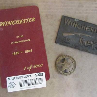 WINCHESTER Buckle and Book and TEXAS RANGERS PIN - ...