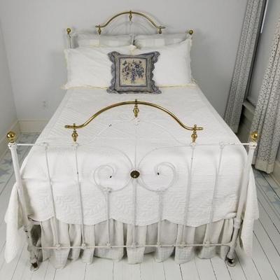 Antique White Iron Brass Full Size Bed 