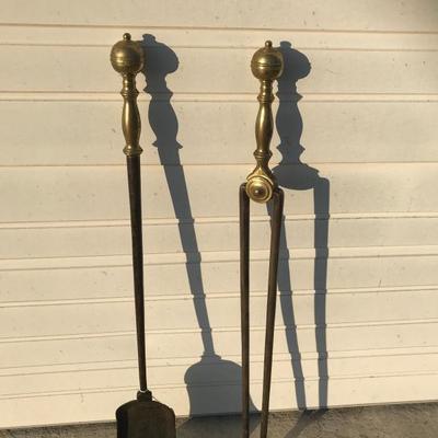 Early Brass Fireplace Implements Ashe Shovel and Tongs