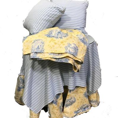 Queen Yellow and Blue Toile Custom Bed Skirt with Matching Table Skirt
