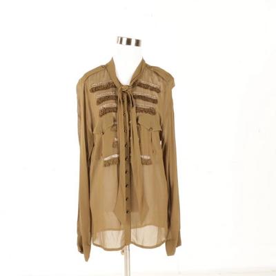 Cooper Khaki Green Sheer Blouse   
https://www.ebth.com/items/7389370-cooper-khaki-green-sheer-blouse