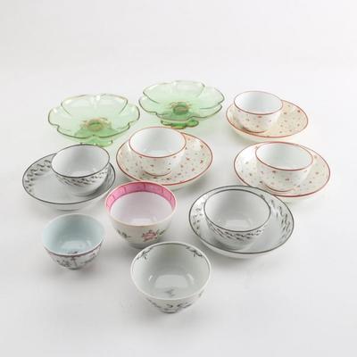Antique Chinese and English Tea Bowls and Saucers with Glass...