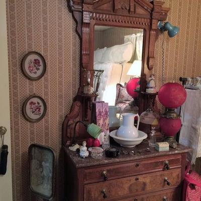 Marble-top Victorian dresser, Fireplace screen,
