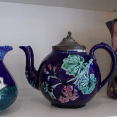 Cobalt blue pitcher $65
Blue teapot SOLD
Pitcher with fish $68