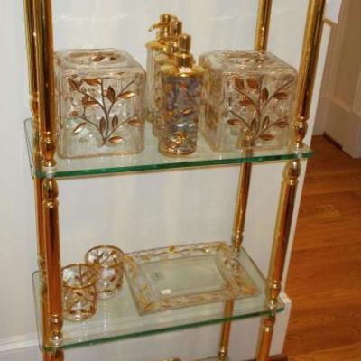 4 glass and brass etegere $350
Labrazel mouth blown crystal with gold leaf vine and leaf pattern; made in Italy

