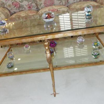 Beveled Glass top, 6 legs gold patina wood coffee table $1,900