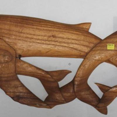 Wood carved whales, hanging wall art
