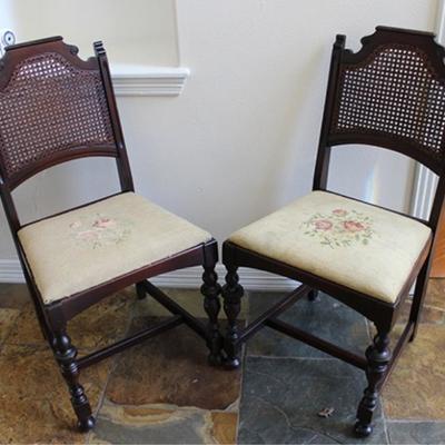 Pair of antique cane back chairs, needlepoint  seats, 37
