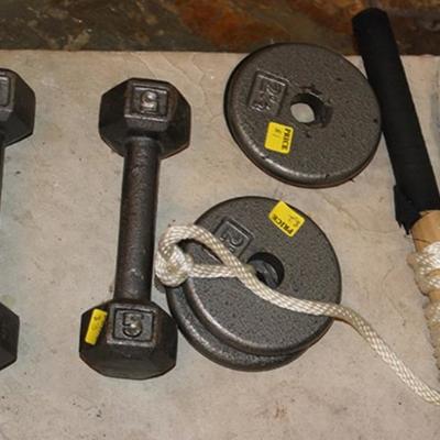 Box lot of weights, dumbbells
