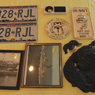 Box lot of nautical items, 2 license plates
