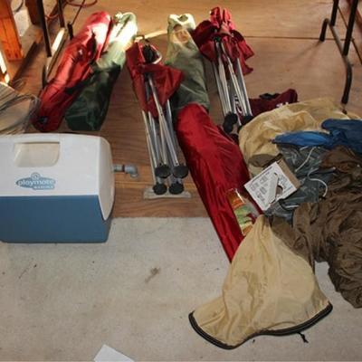 Box lot of camping equipment, outdoor chairs,  coolers, tarps, located on 2nd floor, bring  manpower
