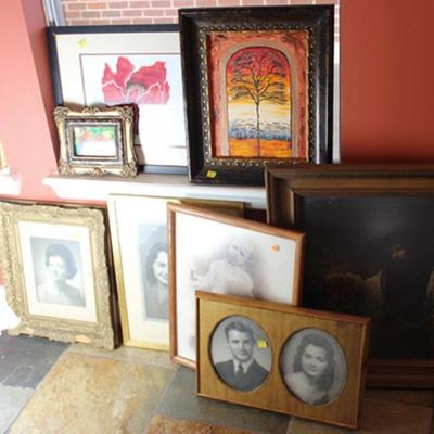 Box lot of vintage, antique framed photos and  artwork

