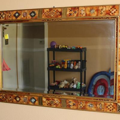 Peruvian hand painted on reverse glass wall  hanging mirror, beveled, 24