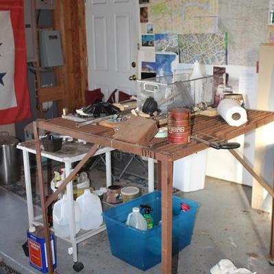 Box lot of miscellaneous garage items, tools,  welding table, etc., see photos
