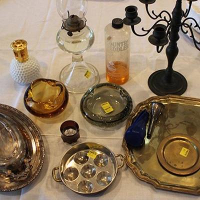 Box lot of oil lamps, silver plated items, Murano  glass ashtrays, etc.
