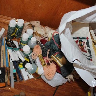 Box lot of craft supplies, paints, brushes,  letters, etc.

