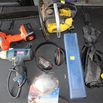 Box Lot of 2 drills, chainsaw, umbrella, welding  sticks, etc.
