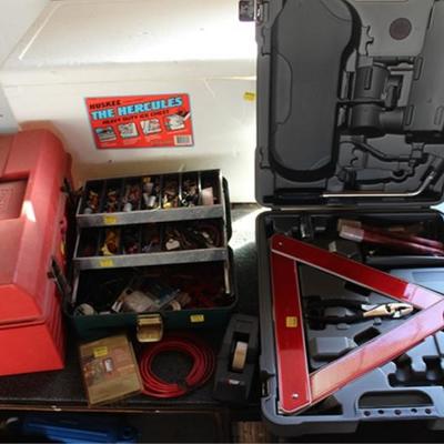 Box lot of electrical tools, cooler, tool box,  emergency roadside tool kit, etc., see photos
