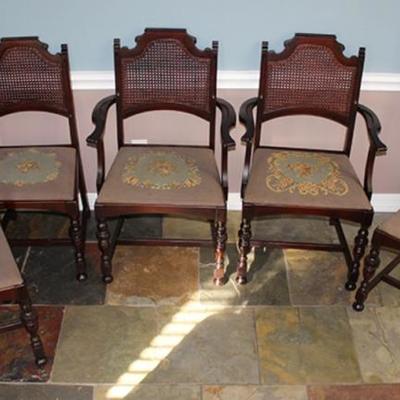 Set of 6 antique cane back chairs, needlepoint  seats, 2 arm chairs, 4 side chairs, 37