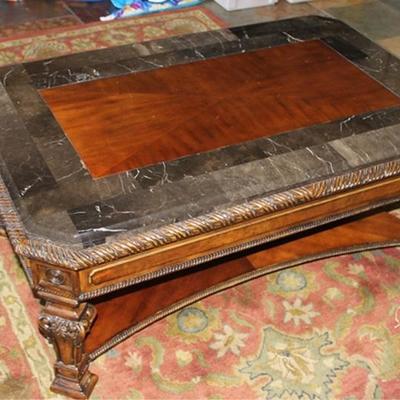 Carved wood coffee table with tiled marble top,  21
