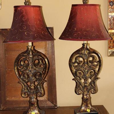 Pair of tall gilded table lamps with shades, 38