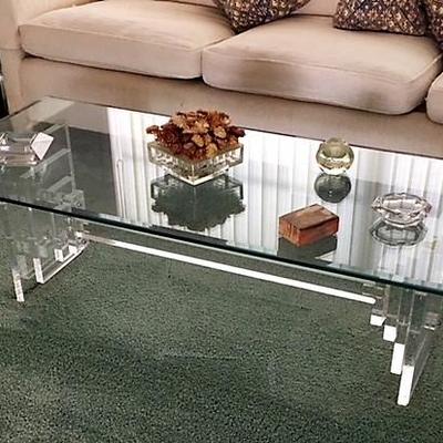 MSM stepped Lucite table with glass top