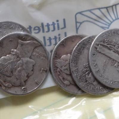 5 silver mercury dimes - 1941, 1942, 1943, 1944, 1 ...