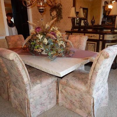 NATURAL EDGE STONE DINING TABLE WITH BUY IT NOW! $895.00 MATCHING BASE AND 6 CUSTOM MADE, SKIRTED SLIPPER CHAIRS. The size of the Table...
