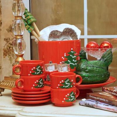Vintage green depression glass hen on nest and Vintage Spode Christmas dishes