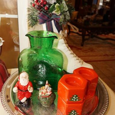Vintage Christmas decor and Green Blenko glass decanter