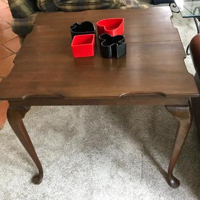   Antique Game Table with Queen Anne Legs
                       (27.5â€h x 32â€sq)
    (reduces to 32â€ x 16â€ for sofa or entry...