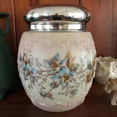      Victorian Satin Glass Biscuit Jar with
            Silver Plate Cover  (7.5” x 6.5”)
                                 75.—