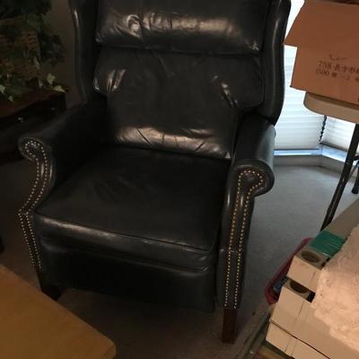 Navy leather wing chair recliner