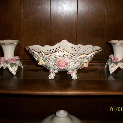 3 piece Dresden Console Bowl with pair of Candlesticks.