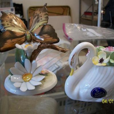 Herend Butterfly, Royal Doulton Swan with porcelain flowers