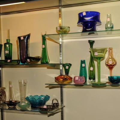 LARGE SELECTION OF ART GLASS AND SHOW CASE FOR SALE TOO