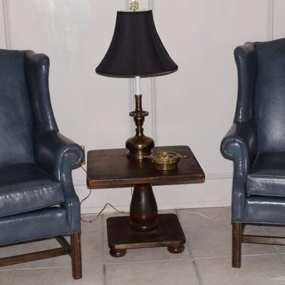 Ethan Allen Blue Leather Wingback Chairs, Ethan Allen pair of end tables, brass lamp