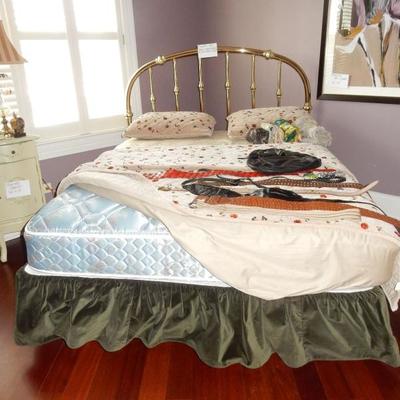 Queen Brass bed, includes linens, frame, mattress set and skirting
