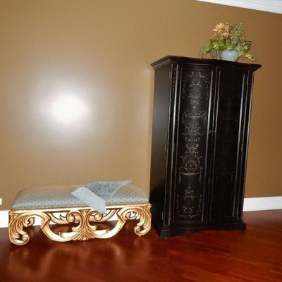 Hooker Armoire and Gilt Upholstered Bench