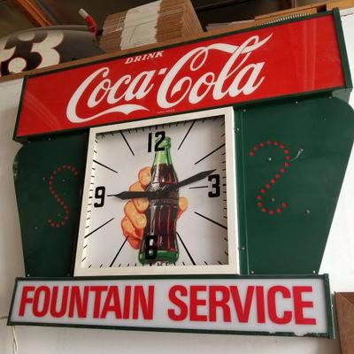 Vintage Coca Cola Fountain Service Lighted Clock Sign Advertising