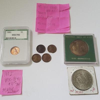 HCC036 US Wheat Cents, Jamaica Coins, Baseball HOF Medallion
